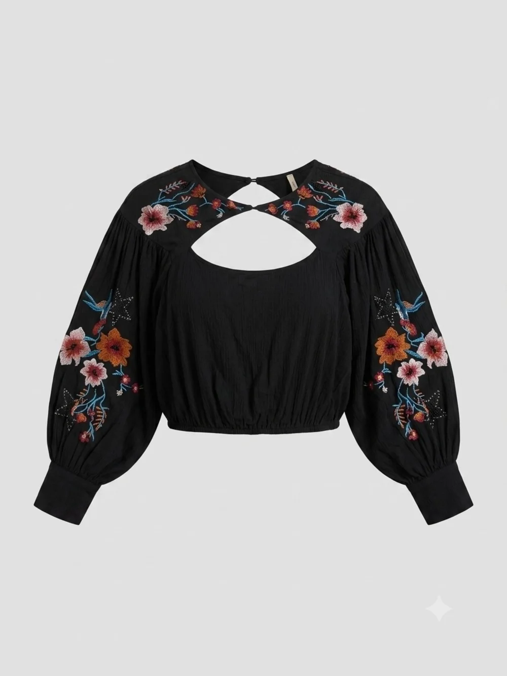 Free People Vintage Black Cropped Top with Embroidered Floral & Bird Detail